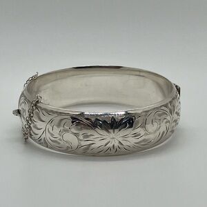 Vtg 925 Sterling Silver Floral Etched Engraved Vines Wide Bangle Bracelet 6.75”